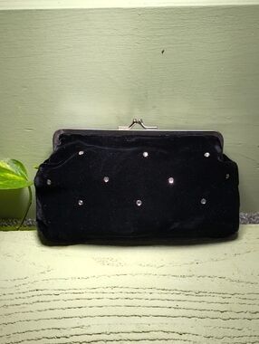 Women's black velvet rhinestone cigarette clutch 9"